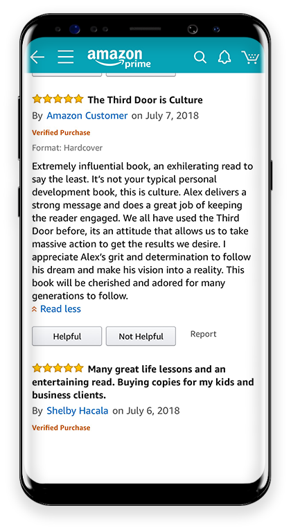 5 Stars The Third Door is Culture Extremely influential book, an exhilerating read to say the least. It’s not your typical personal development book, this is culture. Alex delivers a strong message and does a great job of keeping the reader engaged. We all have used the Third Door before, its an attitude that allows us to take massive action to get the results we desire. I appreciate Alex’s grit and determination to follow his dream and make his vision into a reality. This book will be cherished and adored for many generations to follow.