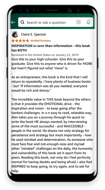 5 Stars INSPIRATION is rarer than information - this book has BOTH Give this to your high-schooler. Give this to your graduate. Give this to anyone who is driven for MORE but hasn't figured out what